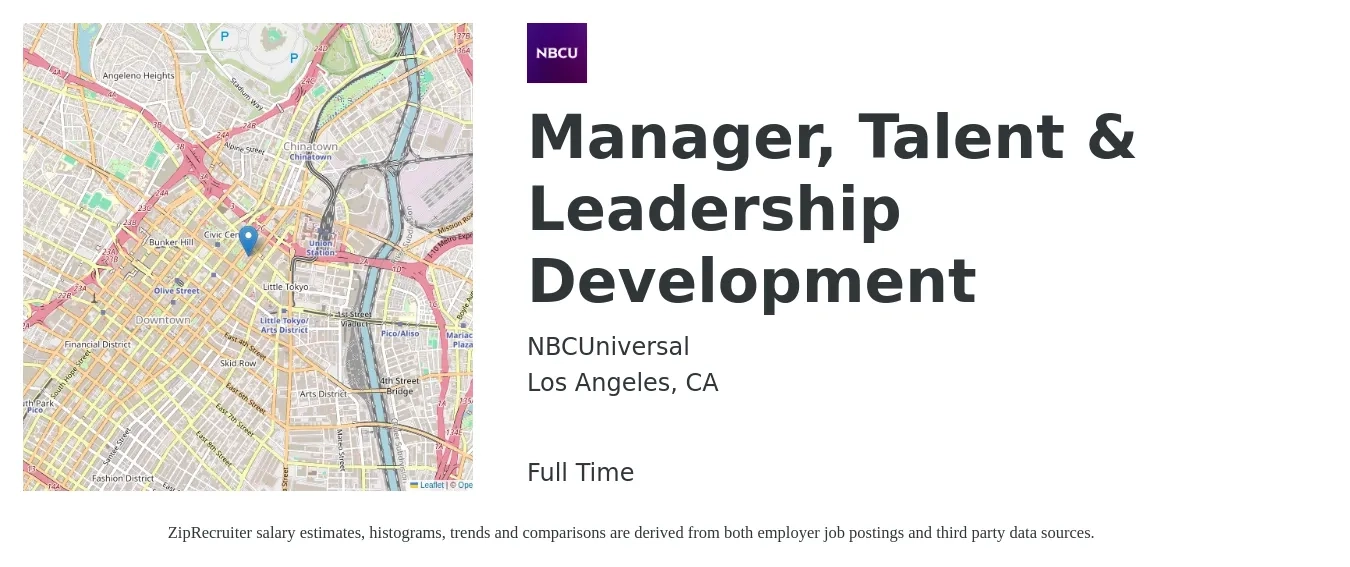 NBCUniversal job posting for a Manager, Talent & Leadership Development in Los Angeles, CA with a salary of $92,100 to $116,400 Yearly with a map of Los Angeles location.