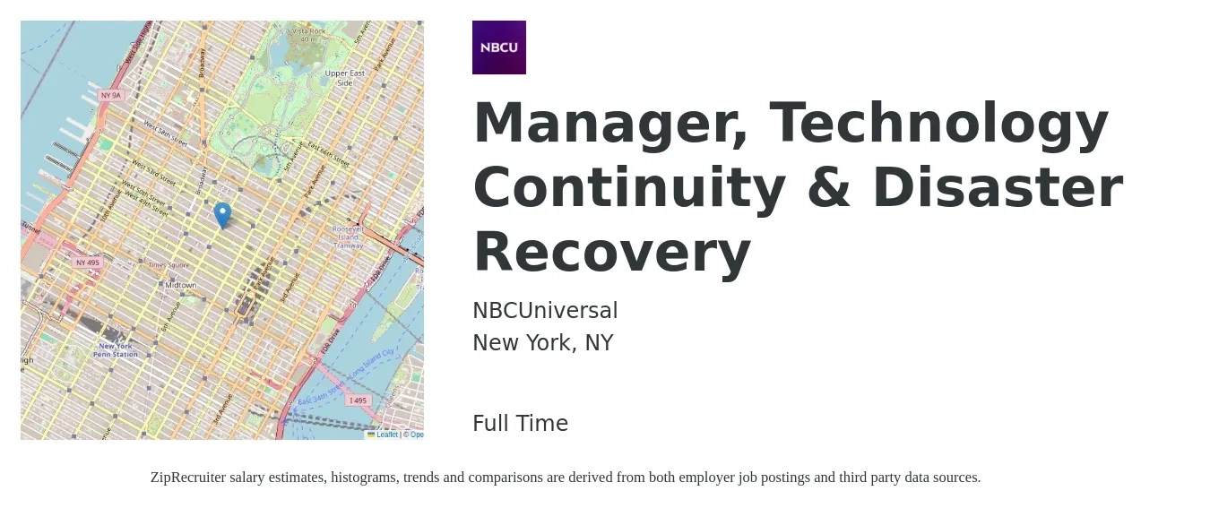 NBCUniversal job posting for a Manager, Technology Continuity & Disaster Recovery in New York, NY with a salary of $100,000 to $130,000 Yearly with a map of New York location.