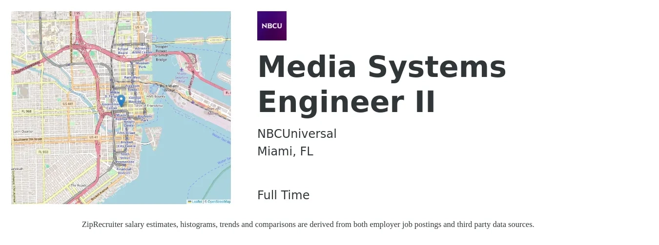 NBCUniversal job posting for a Media Systems Engineer II in Miami, FL with a salary of $84,000 to $134,600 Yearly with a map of Miami location.