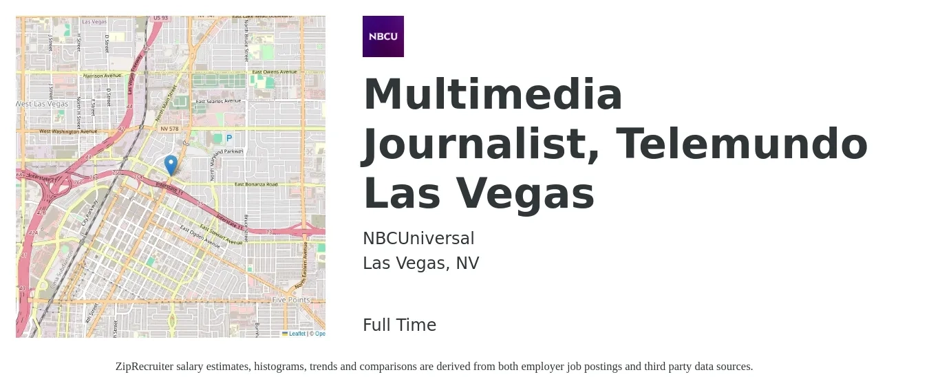 NBCUniversal job posting for a Multimedia Journalist, Telemundo Las Vegas in Las Vegas, NV with a salary of $17 to $35 Hourly with a map of Las Vegas location.