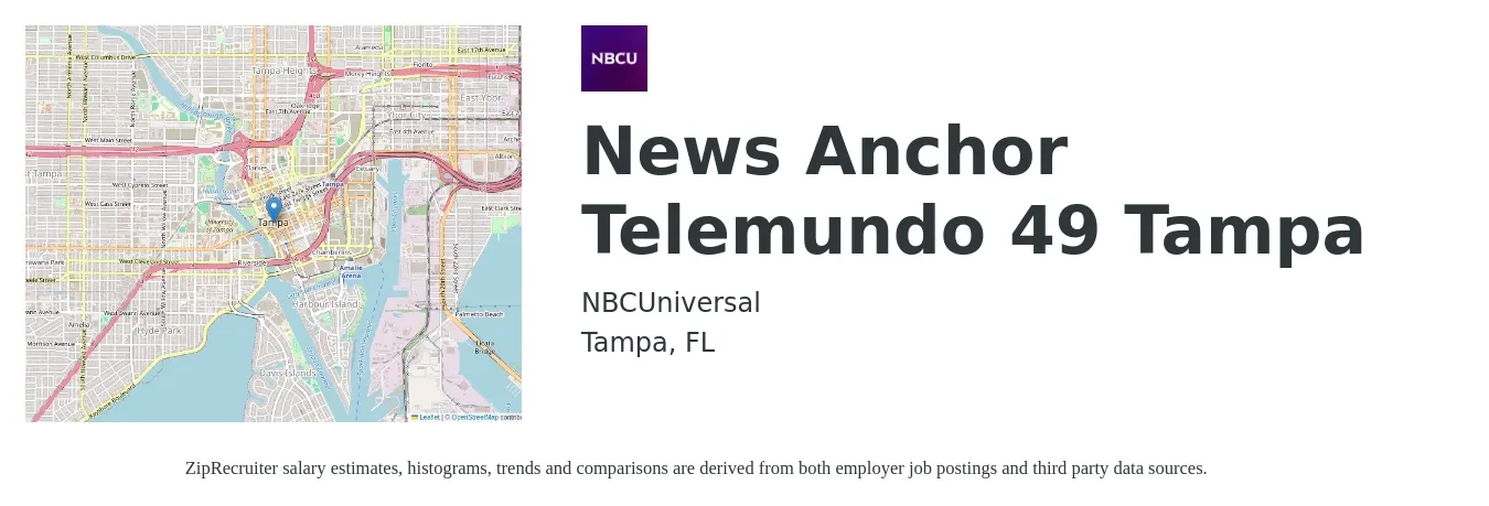 NBCUniversal job posting for a News Anchor Telemundo 49 Tampa in Tampa, FL with a salary of $37,800 to $52,400 Yearly with a map of Tampa location.