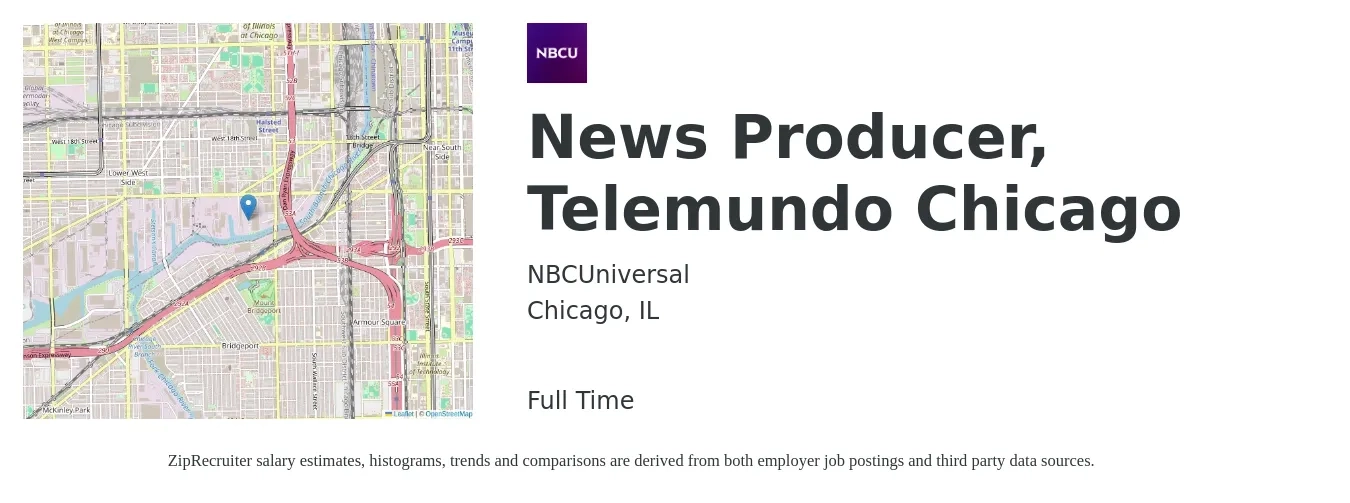 NBCUniversal job posting for a News Producer, Telemundo Chicago in Chicago, IL with a salary of $18 to $30 Hourly with a map of Chicago location.