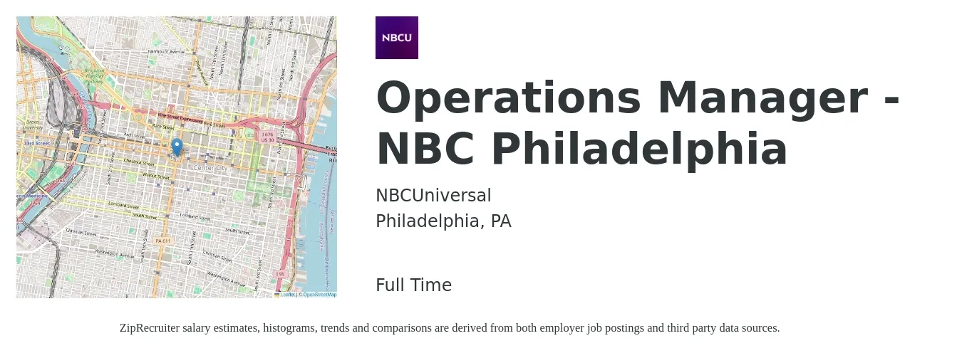 NBCUniversal job posting for a Operations Manager - NBC Philadelphia in Philadelphia, PA with a salary of $50,200 to $87,000 Yearly with a map of Philadelphia location.