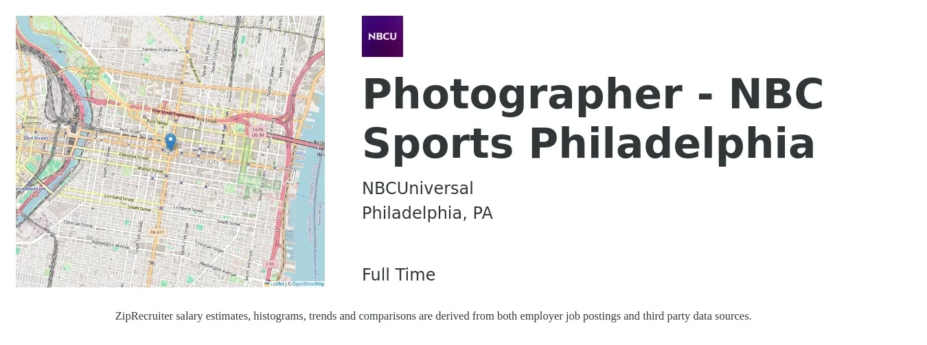 NBCUniversal job posting for a Photographer - NBC Sports Philadelphia in Philadelphia, PA with a salary of $19 Hourly with a map of Philadelphia location.