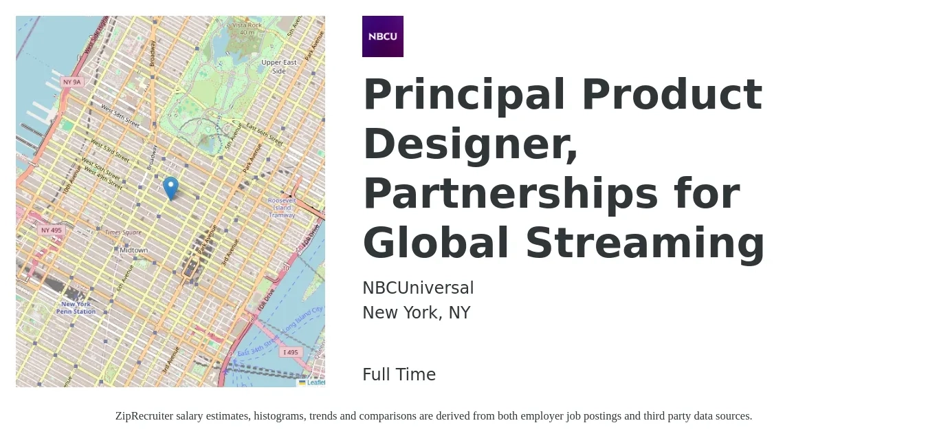NBCUniversal job posting for a Principal Product Designer, Partnerships for Global Streaming in New York, NY with a salary of $143,300 to $169,600 Yearly with a map of New York location.