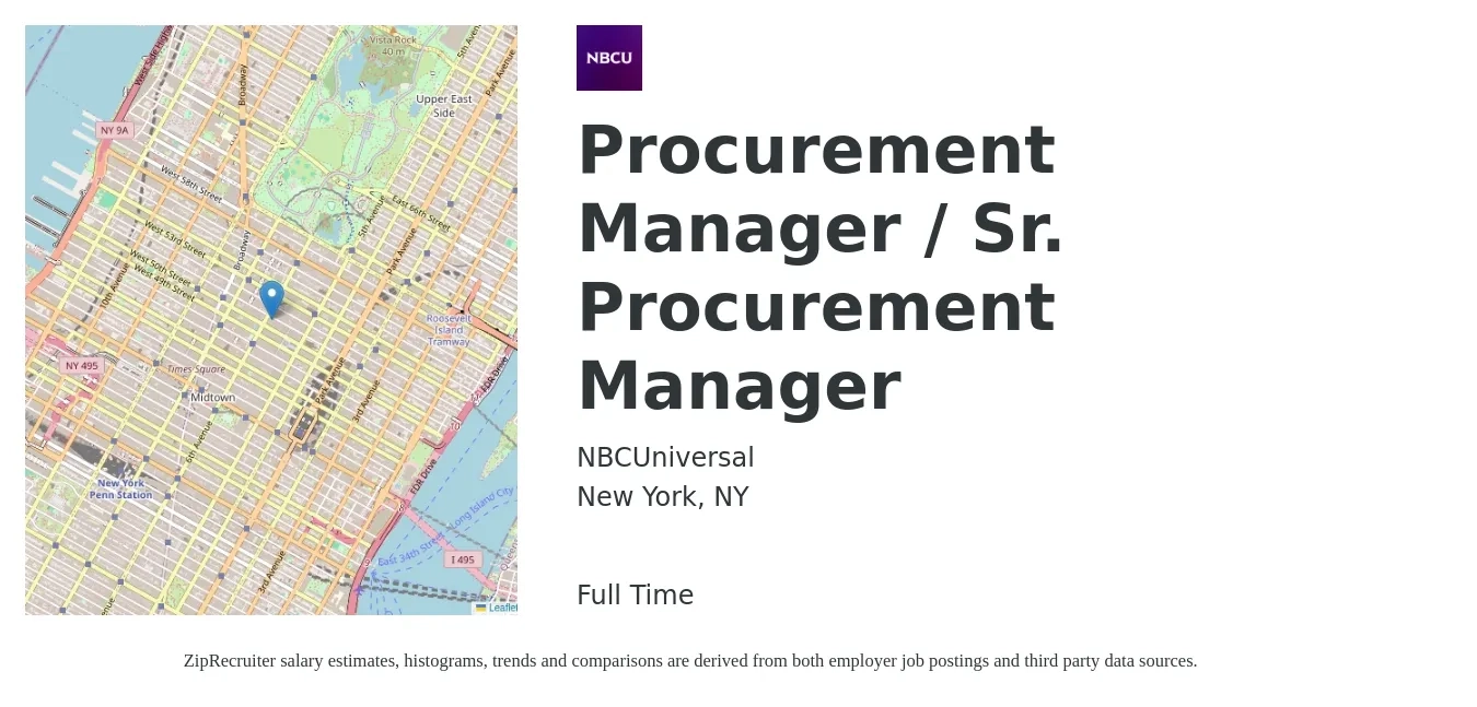 NBCUniversal job posting for a Procurement Manager / Sr. Procurement Manager in New York, NY with a salary of $81,000 to $124,700 Yearly with a map of New York location.