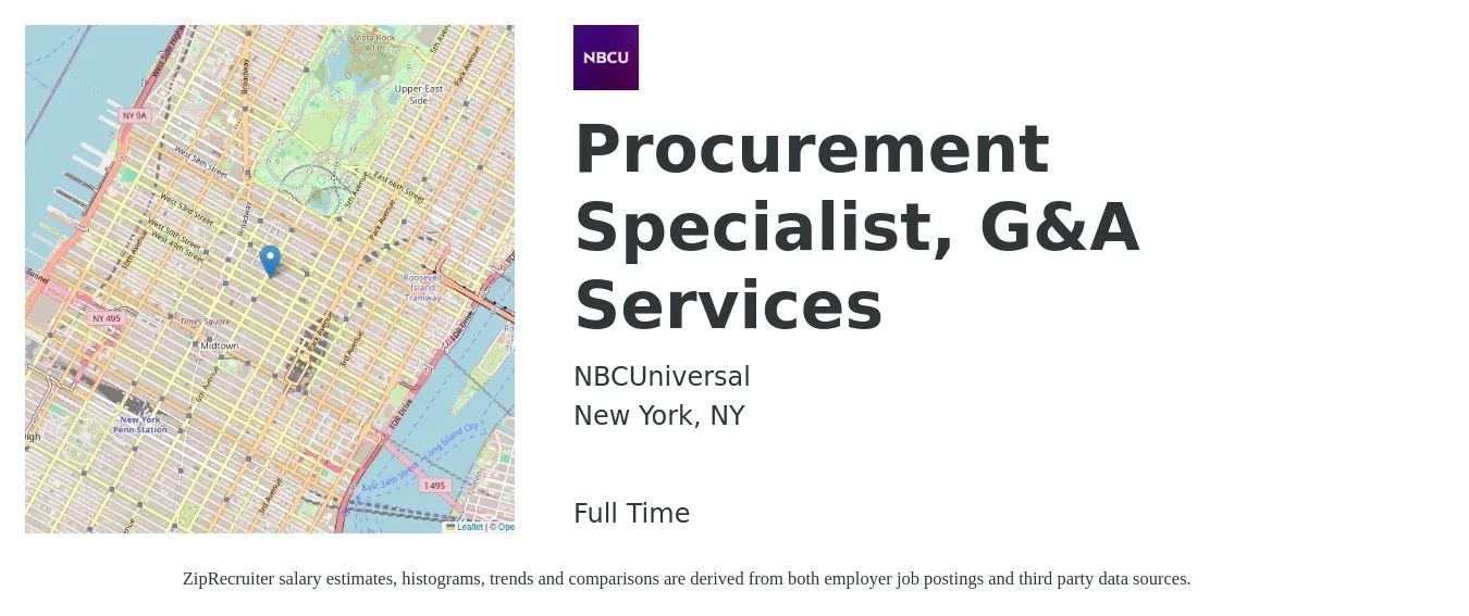 NBCUniversal job posting for a Procurement Specialist, G&A Services in New York, NY with a salary of $65,000 to $85,000 Yearly with a map of New York location.