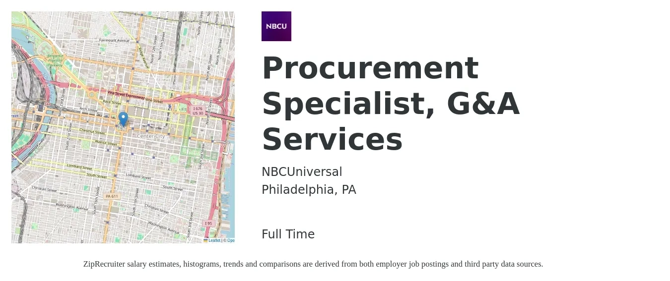 NBCUniversal job posting for a Procurement Specialist, G&A Services in Philadelphia, PA with a salary of $65,000 to $85,000 Yearly with a map of Philadelphia location.