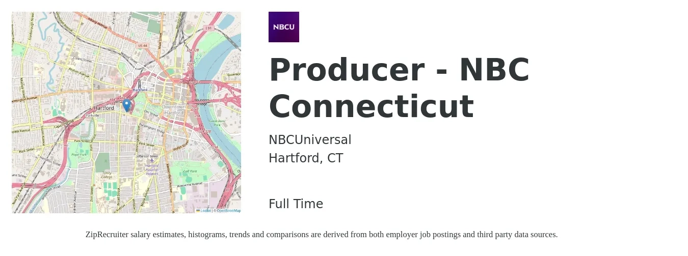 NBCUniversal job posting for a Producer - NBC Connecticut in Hartford, CT with a salary of $125,100 to $127,100 Yearly with a map of Hartford location.