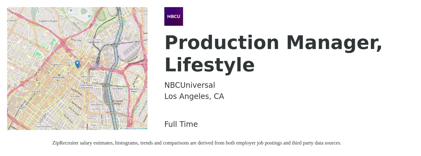 NBCUniversal job posting for a Production Manager, Lifestyle in Los Angeles, CA with a salary of $60,300 to $86,700 Yearly with a map of Los Angeles location.