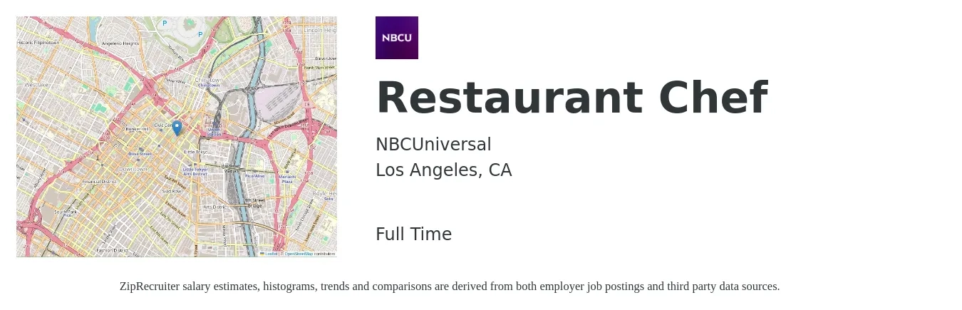 NBC Universal job posting for a Restaurant Chef in Los Angeles, CA with a salary of $19 to $34 Hourly with a map of Los Angeles location.