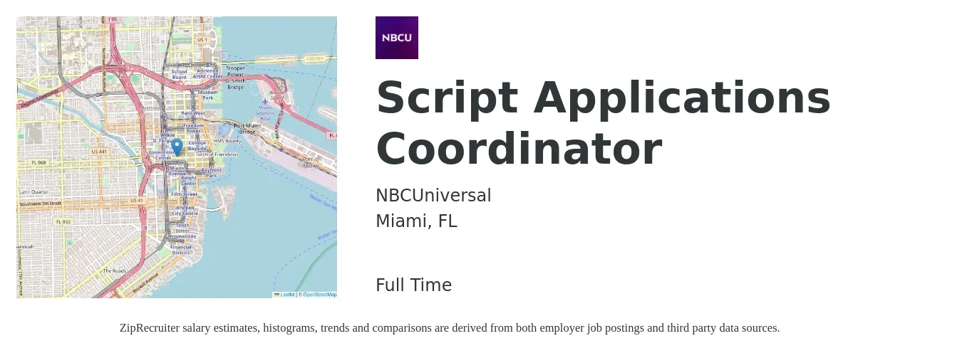 NBCUniversal job posting for a Script Applications Coordinator in Miami, FL with a salary of $42,000 to $69,500 Yearly with a map of Miami location.