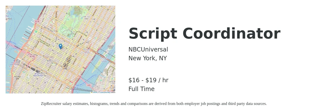 NBCUniversal job posting for a Script Coordinator in New York, NY with a salary of $17 to $20 Hourly with a map of New York location.