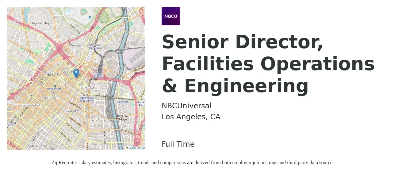 NBCUniversal job posting for a Senior Director, Facilities Operations & Engineering in Los Angeles, CA with a salary of $81,400 to $146,000 Yearly with a map of Los Angeles location.