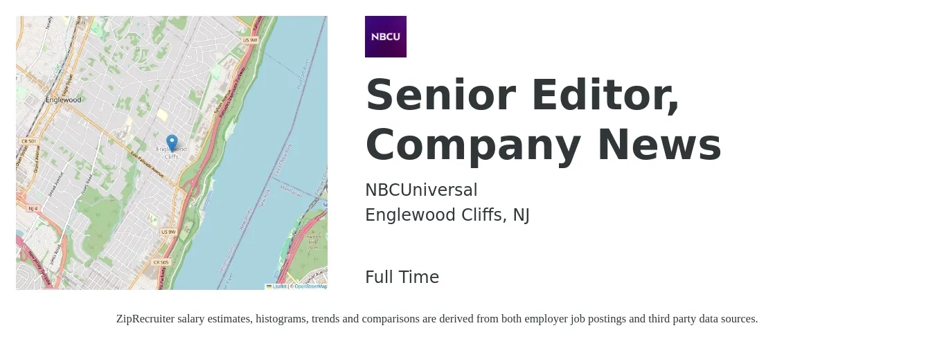 NBCUniversal job posting for a Senior Editor, Company News in Englewood Cliffs, NJ with a salary of $66,300 to $106,600 Yearly with a map of Englewood Cliffs location.