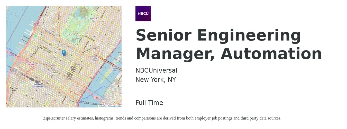 NBCUniversal job posting for a Senior Engineering Manager, Automation in New York, NY with a salary of $124,200 to $178,300 Yearly with a map of New York location.