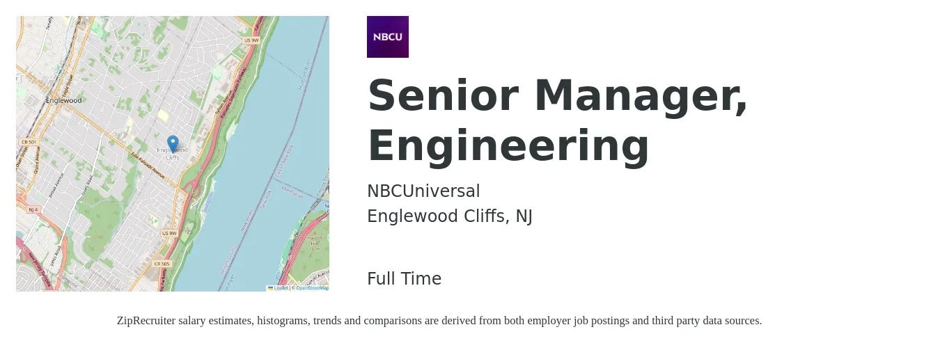 NBCUniversal job posting for a Senior Manager, Engineering in Englewood Cliffs, NJ with a salary of $154,500 to $202,900 Yearly with a map of Englewood Cliffs location.