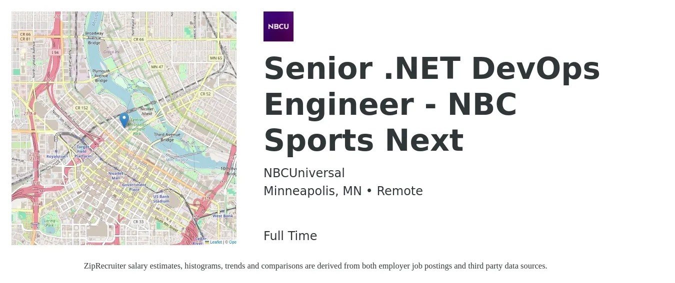 NBCUniversal job posting for a Senior .NET DevOps Engineer - NBC Sports Next in Minneapolis, MN with a salary of $136,000 to $174,700 Yearly with a map of Minneapolis location.