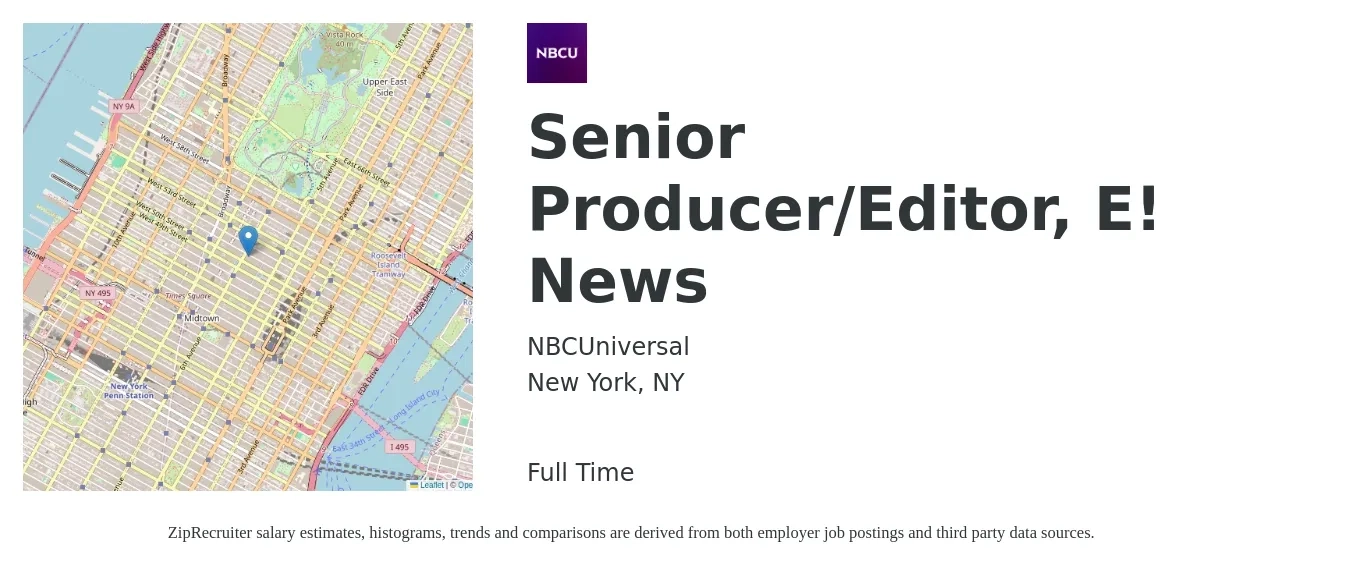 NBCUniversal job posting for a Senior Producer/Editor, E! News in New York, NY with a salary of $63,900 to $96,500 Yearly with a map of New York location.