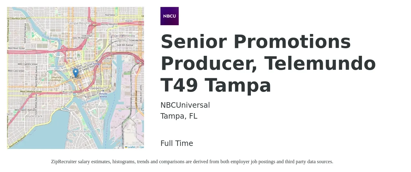 NBCUniversal job posting for a Senior Promotions Producer, Telemundo T49 Tampa in Tampa, FL with a salary of $76,100 to $126,600 Yearly with a map of Tampa location.