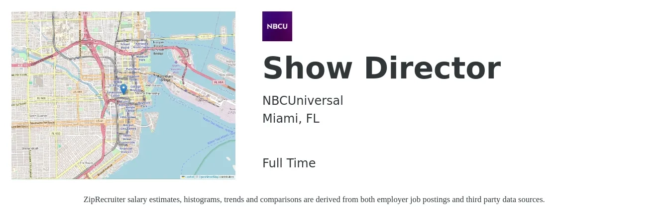 NBCUniversal job posting for a Show Director in Miami, FL with a map of Miami location.