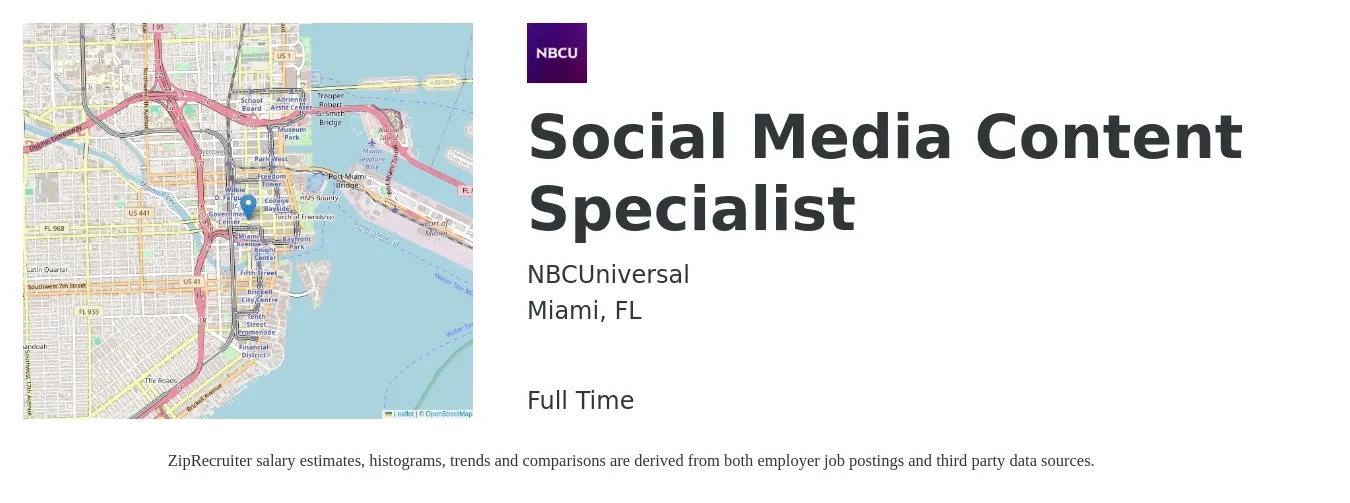 NBCUniversal job posting for a Social Media Content Specialist in Miami, FL with a salary of $19 to $27 Hourly with a map of Miami location.