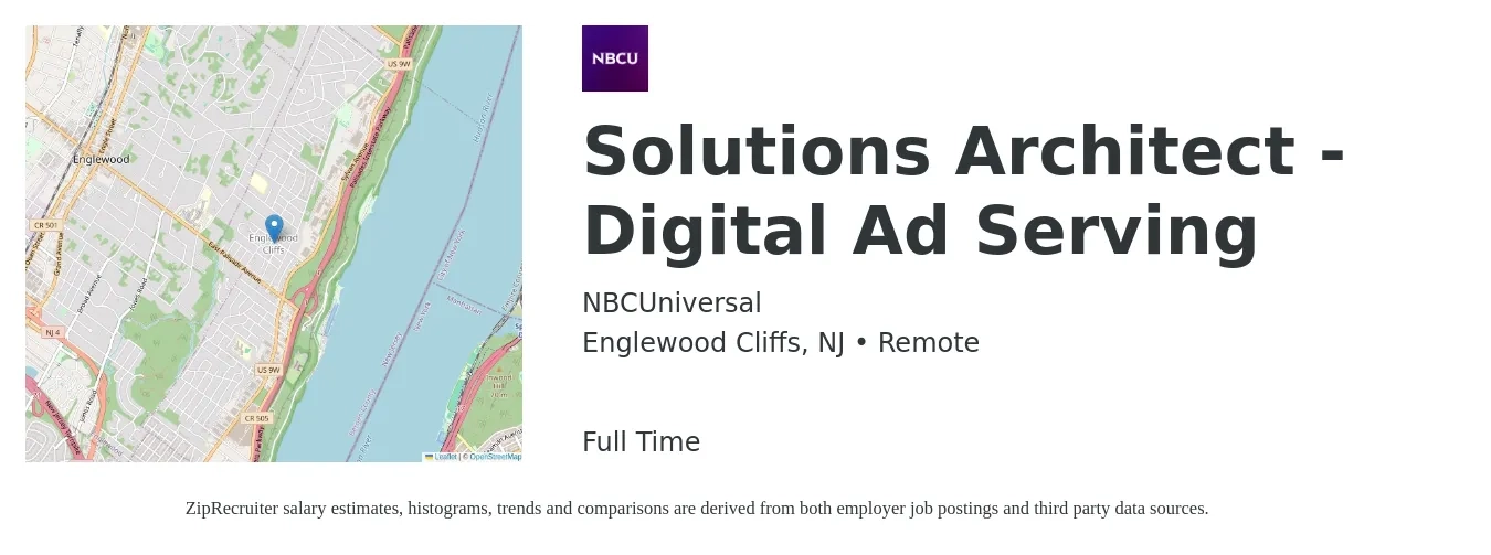 NBCUniversal job posting for a Solutions Architect - Digital Ad Serving in Englewood Cliffs, NJ with a salary of $66 to $82 Hourly with a map of Englewood Cliffs location.