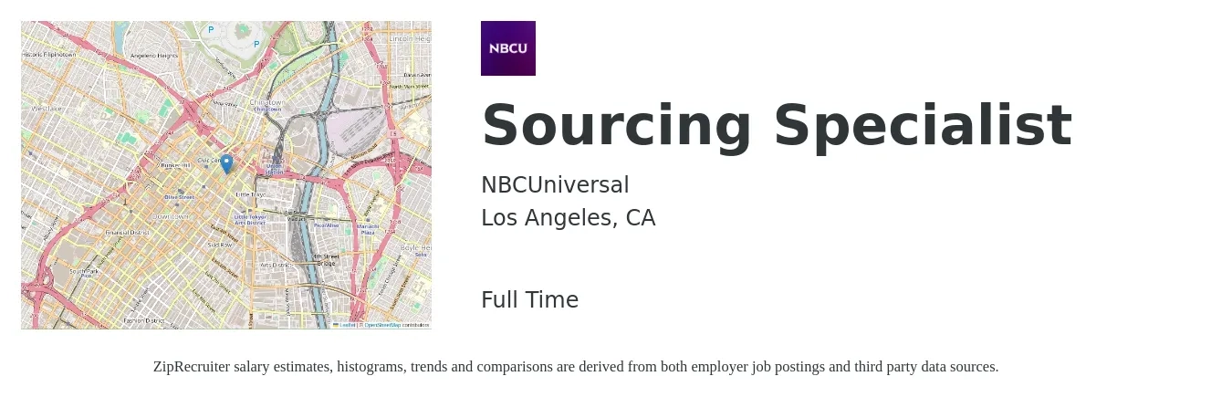 NBCUniversal job posting for a Sourcing Specialist in Los Angeles, CA with a salary of $28 to $44 Hourly with a map of Los Angeles location.