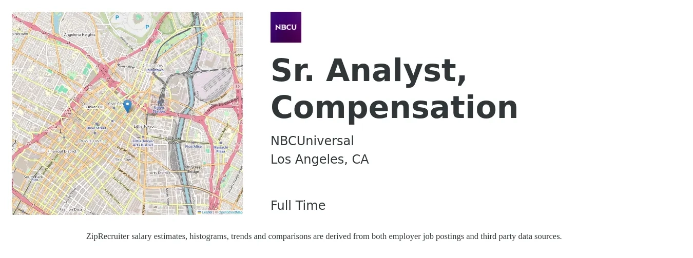 NBCUniversal job posting for a Sr. Analyst, Compensation in Los Angeles, CA with a salary of $89,400 to $116,400 Yearly with a map of Los Angeles location.