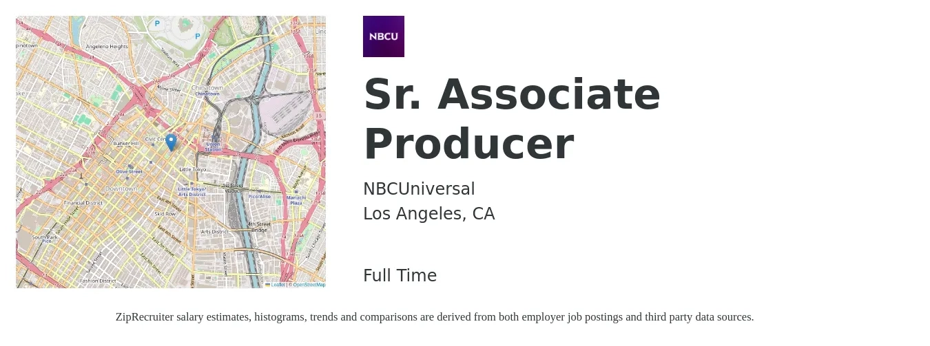 NBCUniversal job posting for a Sr. Associate Producer in Los Angeles, CA with a salary of $60,300 to $83,500 Yearly with a map of Los Angeles location.