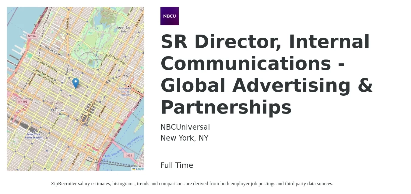 NBCUniversal job posting for a SR Director, Internal Communications - Global Advertising & Partnerships in New York, NY with a salary of $87,100 to $160,400 Yearly with a map of New York location.