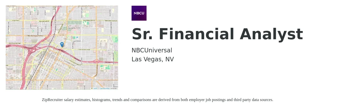 NBCUniversal job posting for a Sr. Financial Analyst in Las Vegas, NV with a salary of $82,200 to $102,400 Yearly with a map of Las Vegas location.