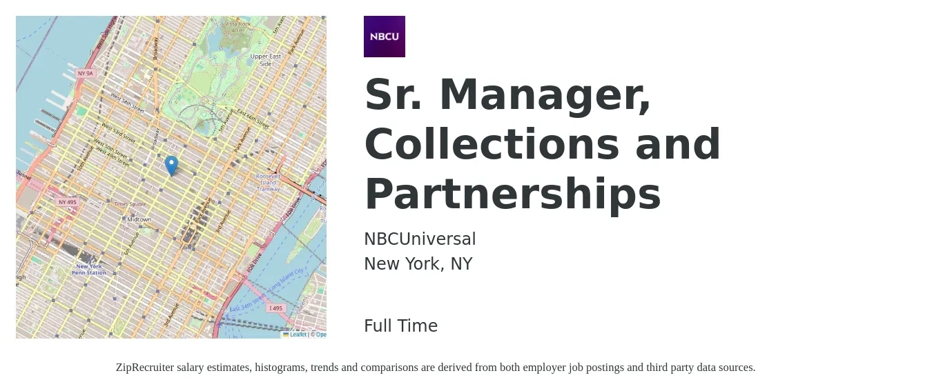 NBCUniversal job posting for a Sr. Manager, Collections and Partnerships in New York, NY with a salary of $44,600 to $72,200 Yearly with a map of New York location.