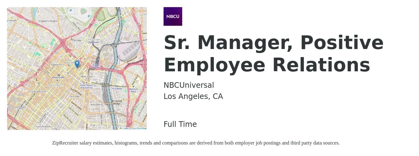NBCUniversal job posting for a Sr. Manager, Positive Employee Relations in Los Angeles, CA with a salary of $64,100 to $82,900 Yearly with a map of Los Angeles location.