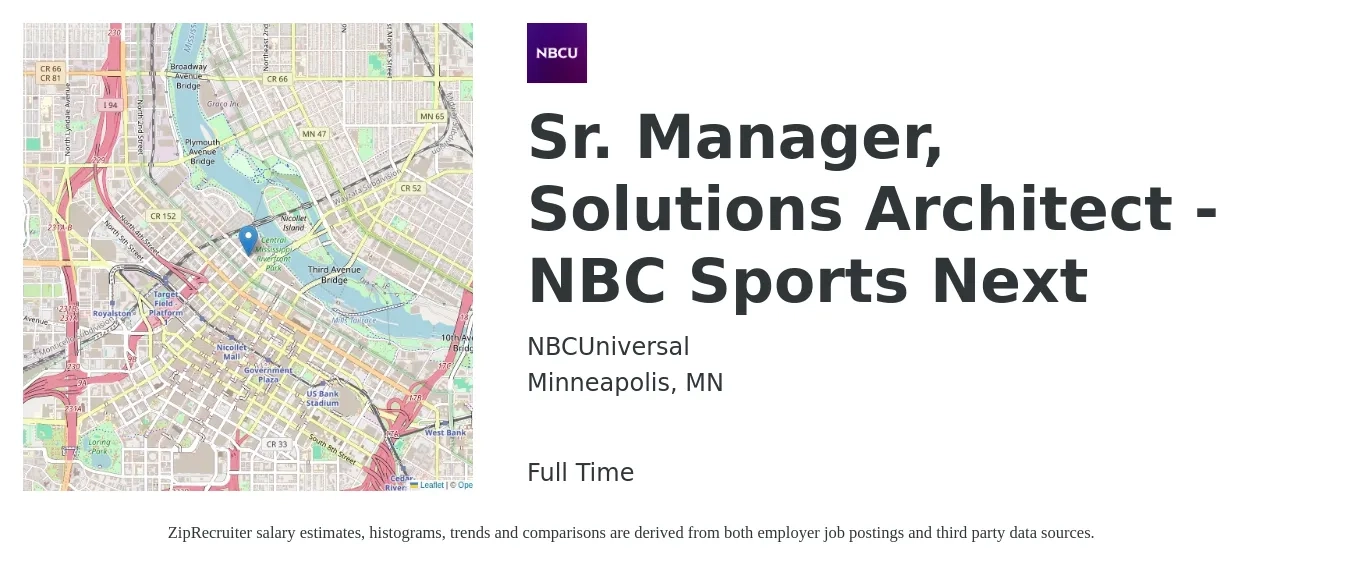 NBCUniversal job posting for a Sr. Manager, Solutions Architect - NBC Sports Next in Minneapolis, MN with a salary of $128,100 to $179,900 Yearly with a map of Minneapolis location.
