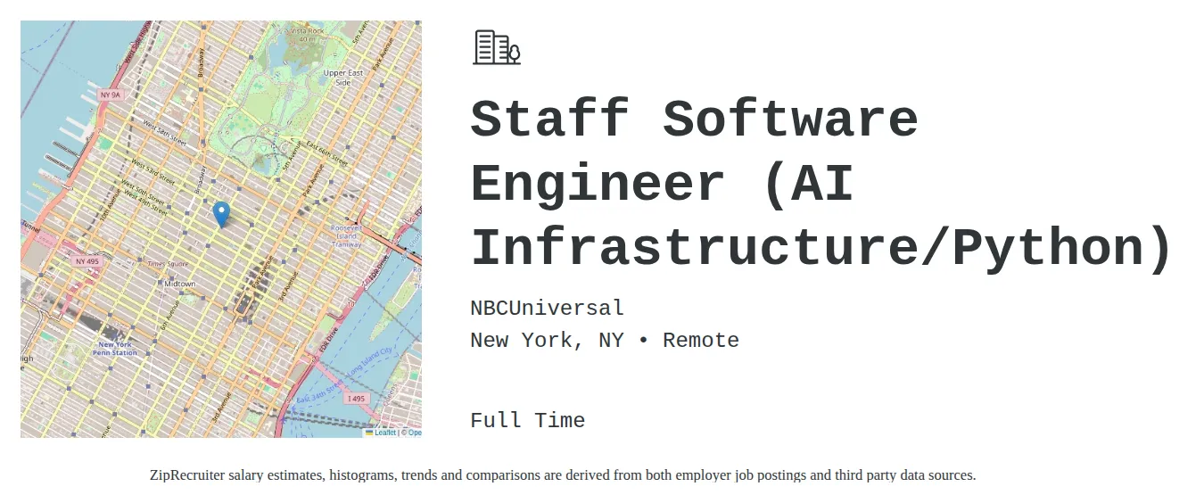 NBCUniversal job posting for a Staff Software Engineer (AI Infrastructure/Python) in New York, NY with a salary of $147,100 to $208,400 Annually and benefits including Medical, Vision, Dental, PTO, and Retirement with a map of New York location.
