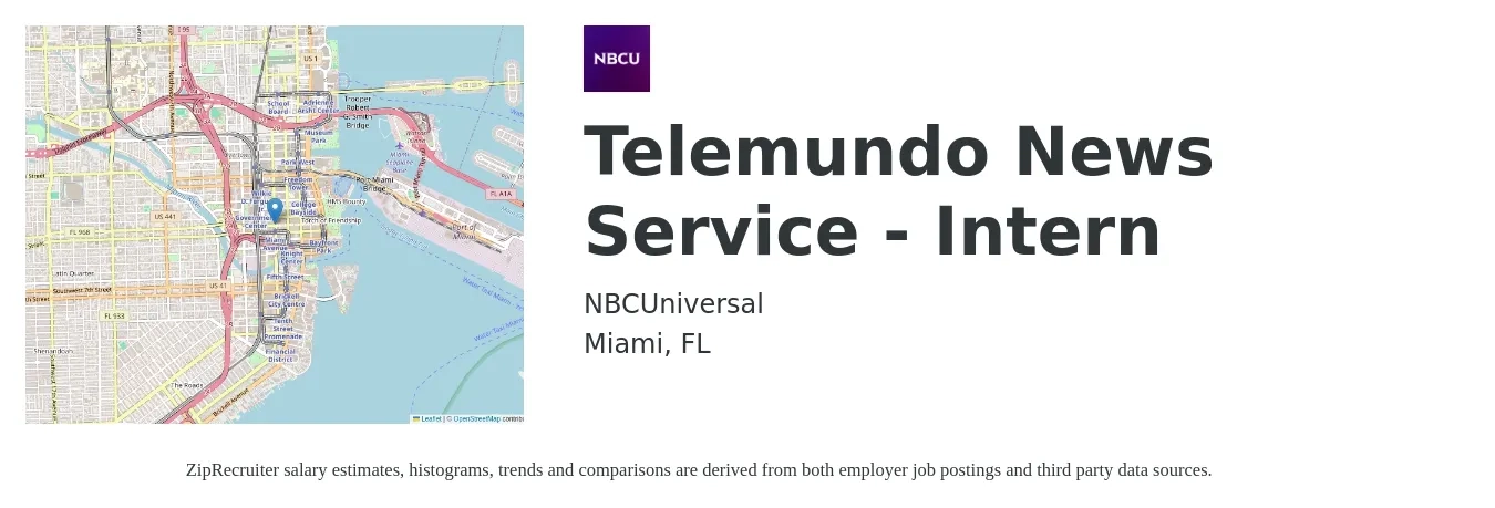 NBCUniversal job posting for a Telemundo News Service - Intern in Miami, FL with a salary of $13 to $19 Hourly with a map of Miami location.