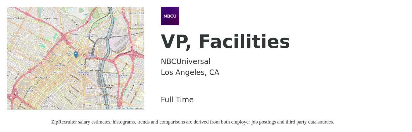 NBCUniversal job posting for a VP, Facilities in Los Angeles, CA with a salary of $124,500 to $199,300 Yearly with a map of Los Angeles location.