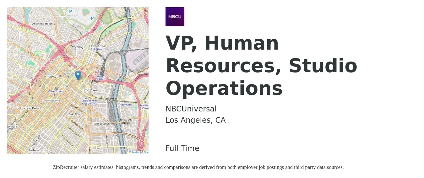 NBCUniversal job posting for a VP, Human Resources, Studio Operations in Los Angeles, CA with a salary of $124,500 to $199,300 Yearly with a map of Los Angeles location.