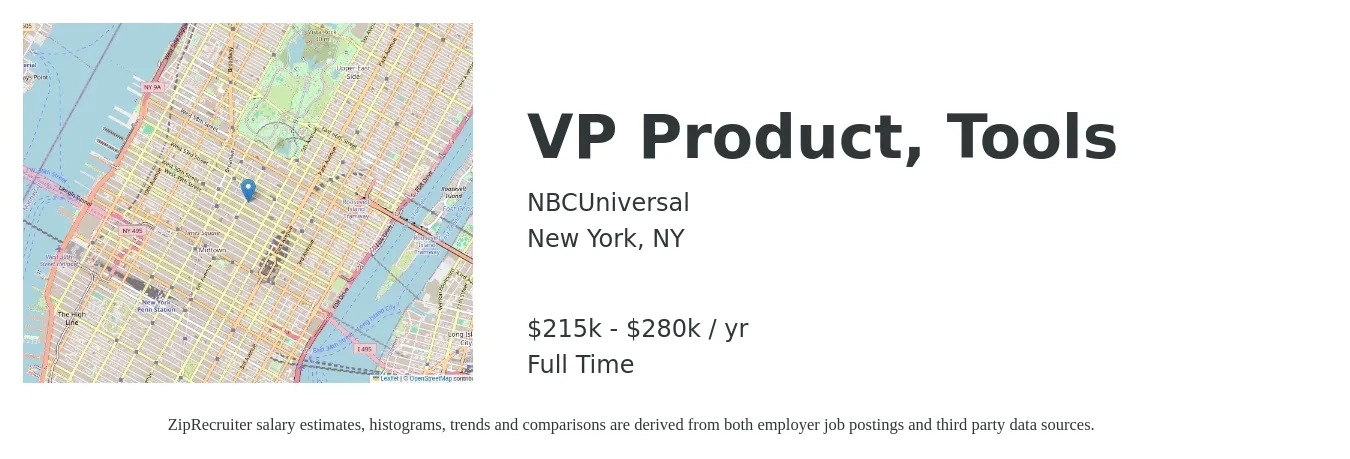 NBCUniversal job posting for a VP Product, Tools in New York, NY with a salary of $215,000 to $280,000 Yearly with a map of New York location.