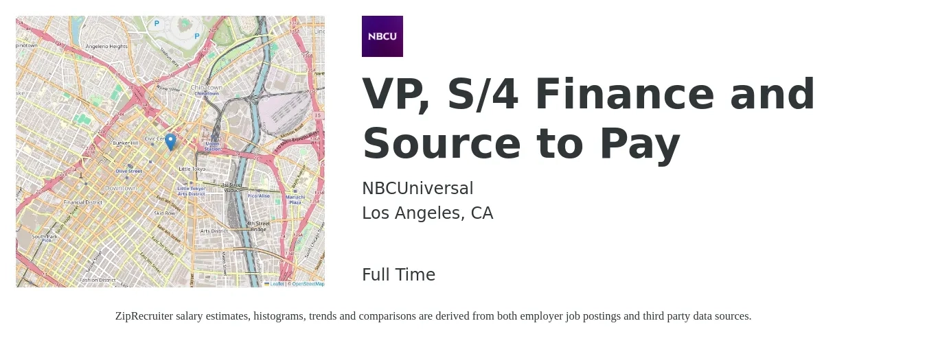 NBCUniversal job posting for a VP, S/4 Finance and Source to Pay in Los Angeles, CA with a salary of $145,900 to $212,200 Yearly with a map of Los Angeles location.