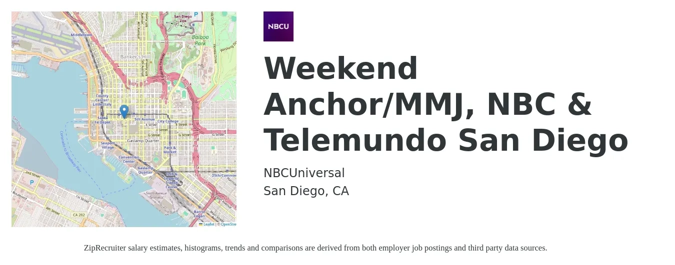 NBCUniversal job posting for a Weekend Anchor/MMJ, NBC & Telemundo San Diego in San Diego, CA with a map of San Diego location.