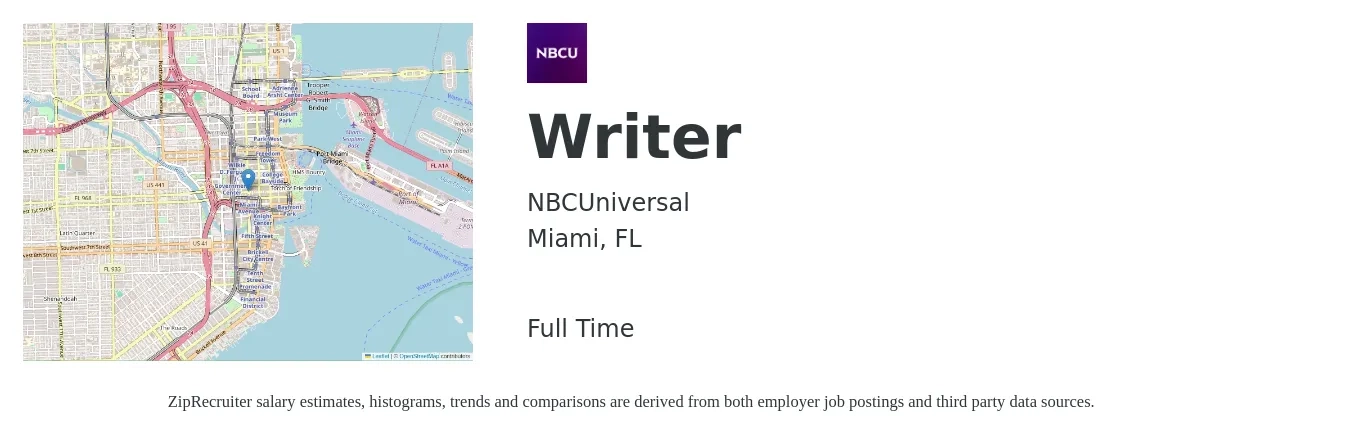 NBCUniversal job posting for a Writer in Miami, FL with a salary of $18 to $28 Hourly with a map of Miami location.