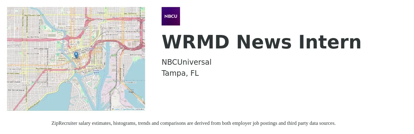 NBCUniversal job posting for a WRMD News Intern in Tampa, FL with a salary of $12 to $17 Hourly with a map of Tampa location.