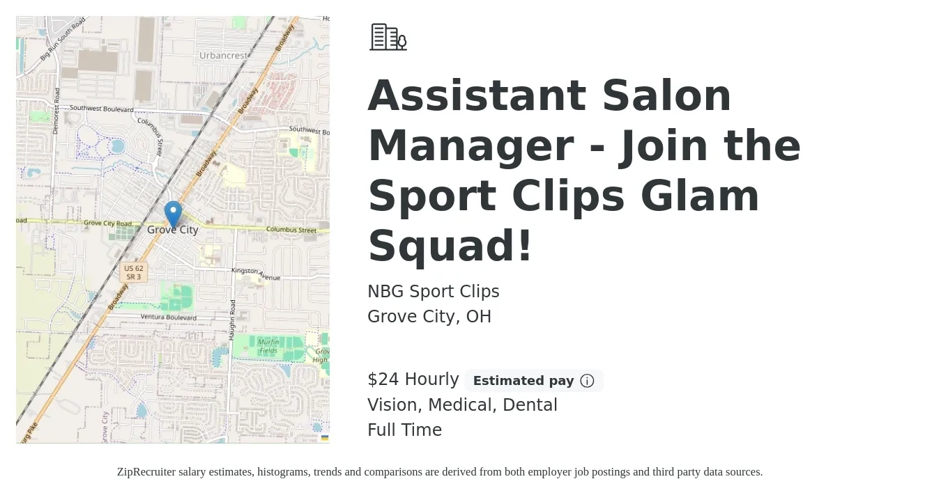 NBG Sport Clips job posting for a Assistant Salon Manager - Join the Sport Clips Glam Squad! in Grove City, OH with a salary of $26 Hourly and benefits including retirement, vision, dental, life_insurance, and medical with a map of Grove City location.