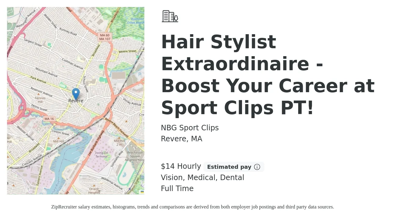 NBG Sport Clips job posting for a Hair Stylist Extraordinaire - Boost Your Career at Sport Clips PT! in Revere, MA with a salary of $15 Hourly and benefits including dental, life_insurance, medical, retirement, and vision with a map of Revere location.