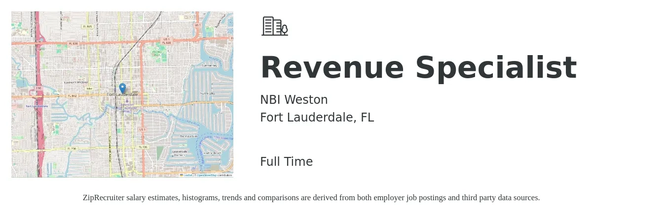 NBI Weston job posting for a Revenue Specialist in Fort Lauderdale, FL with a salary of $78,600 to $79,100 Yearly with a map of Fort Lauderdale location.
