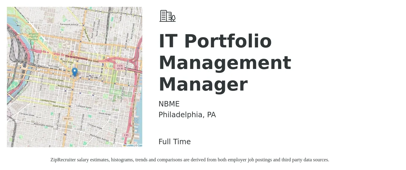 NBME job posting for a IT Portfolio Management Manager in Philadelphia, PA with a salary of $101,400 to $132,200 Yearly with a map of Philadelphia location.