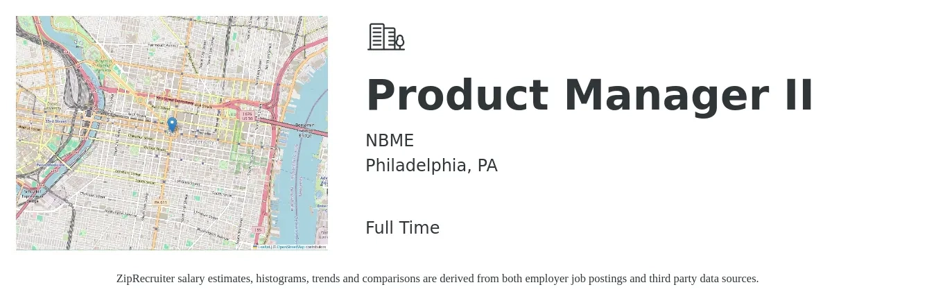 NBME job posting for a Product Manager II in Philadelphia, PA with a salary of $142,300 to $198,800 Yearly with a map of Philadelphia location.
