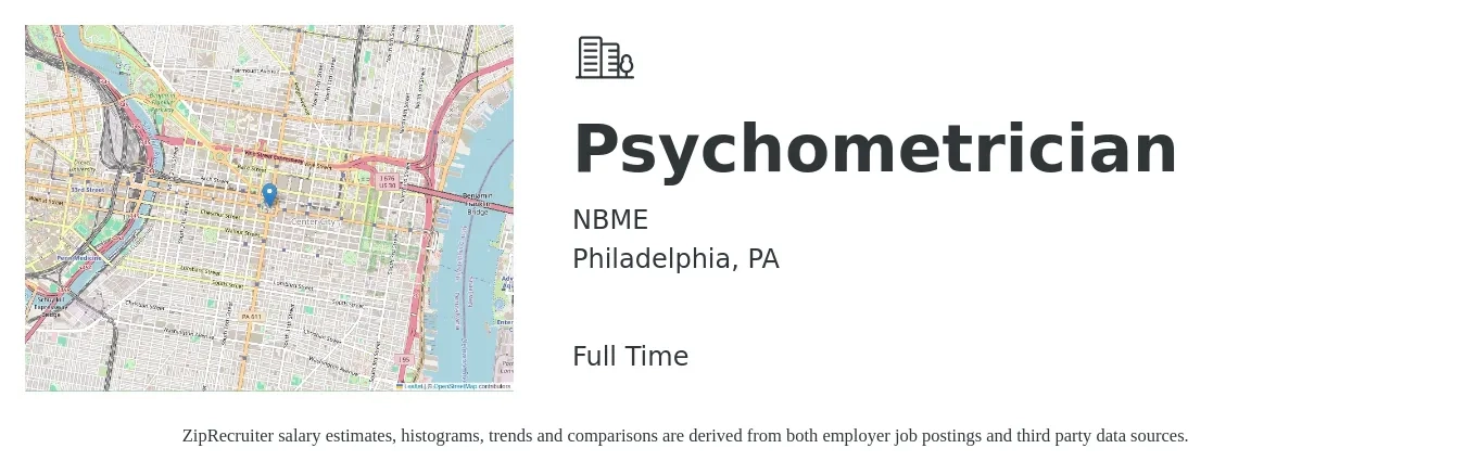 NBME job posting for a Psychometrician in Philadelphia, PA with a salary of $23 to $35 Hourly with a map of Philadelphia location.
